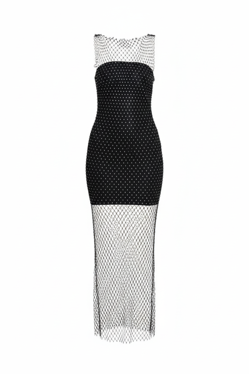 Embellished Mesh Long Dress - 54043