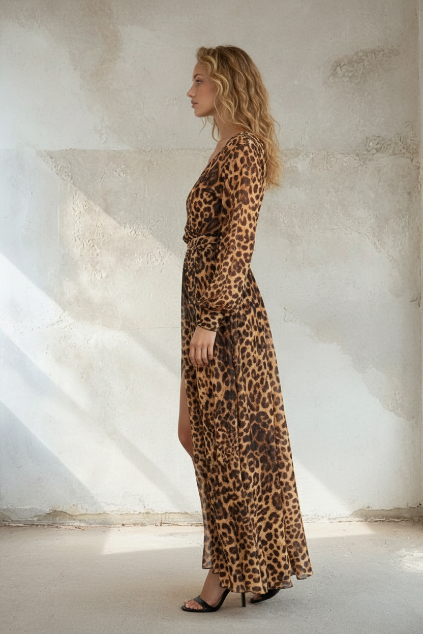 Leopard Print Wrap Maxi Dress - 50732