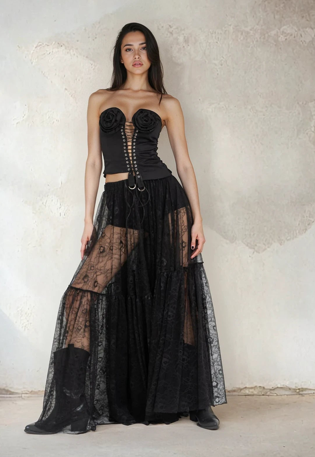 Elastic Waist Lace Maxi Skirt - 42646