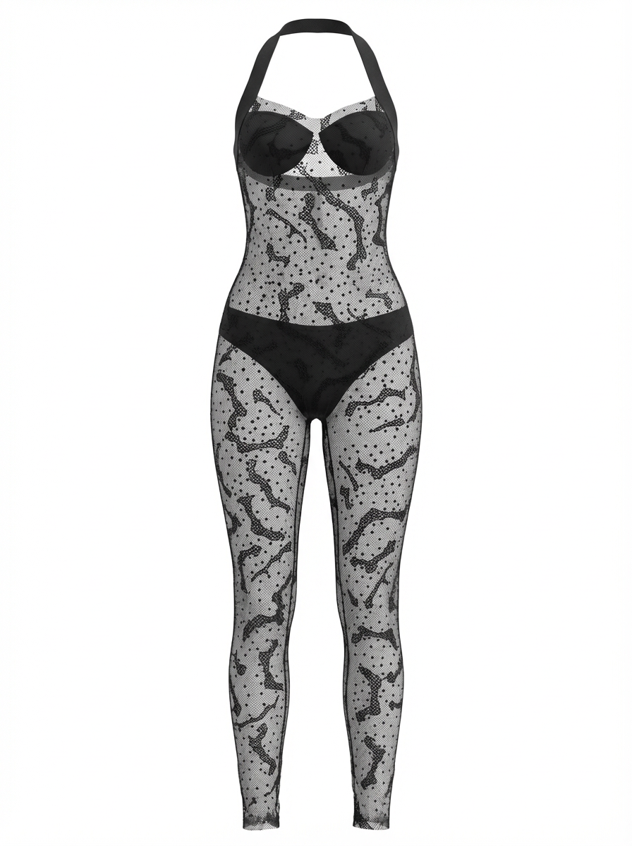 Halter Neck Embellished Sheer Jumpsuit - 32712