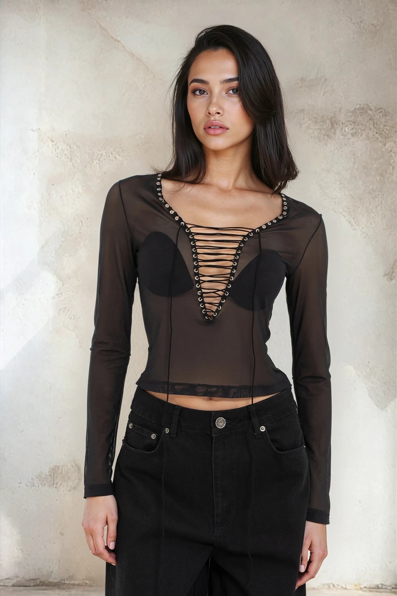 Eyelet Detail Tulle Blouse - 103530