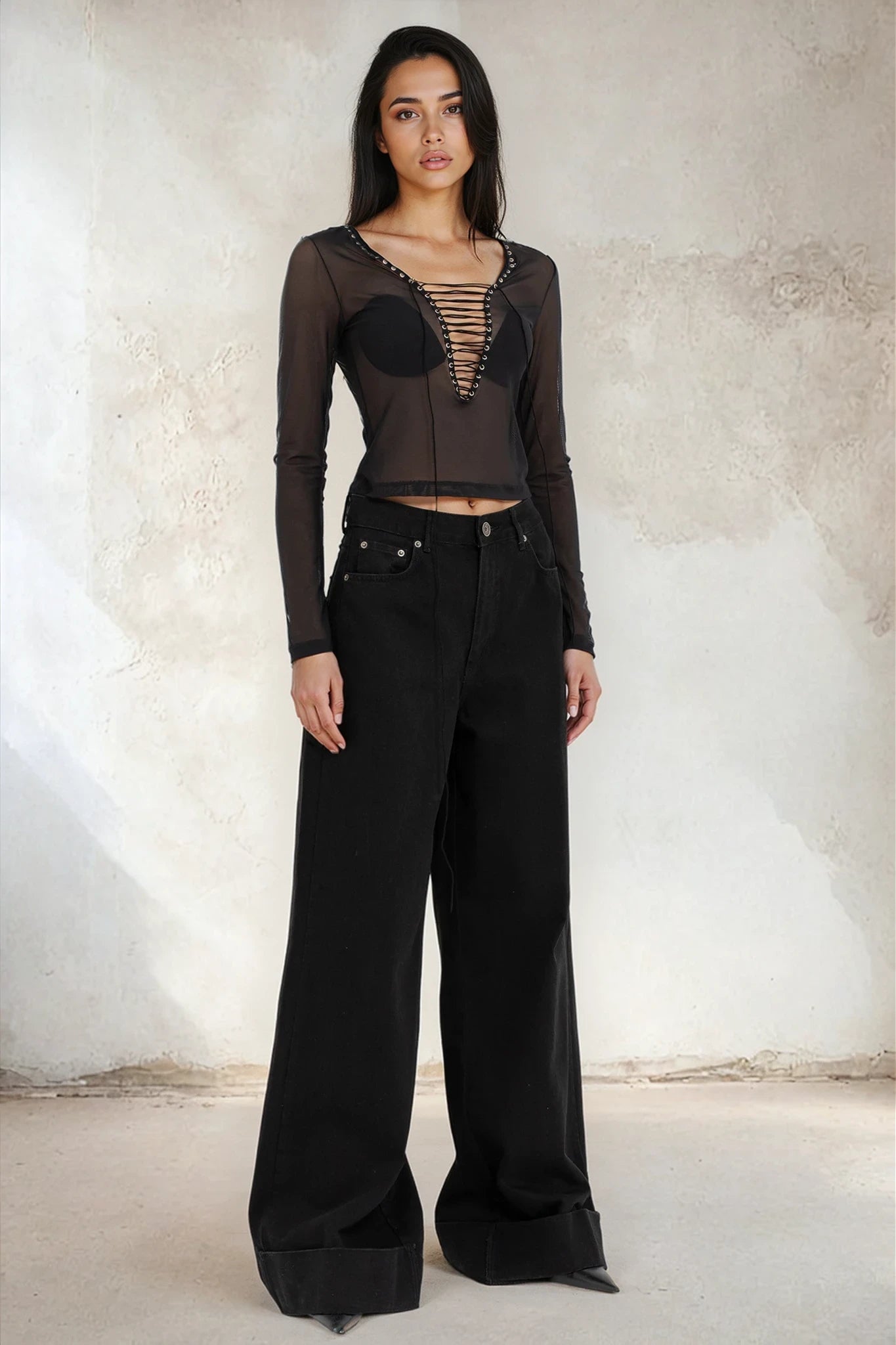 Eyelet Detail Tulle Blouse - 103530