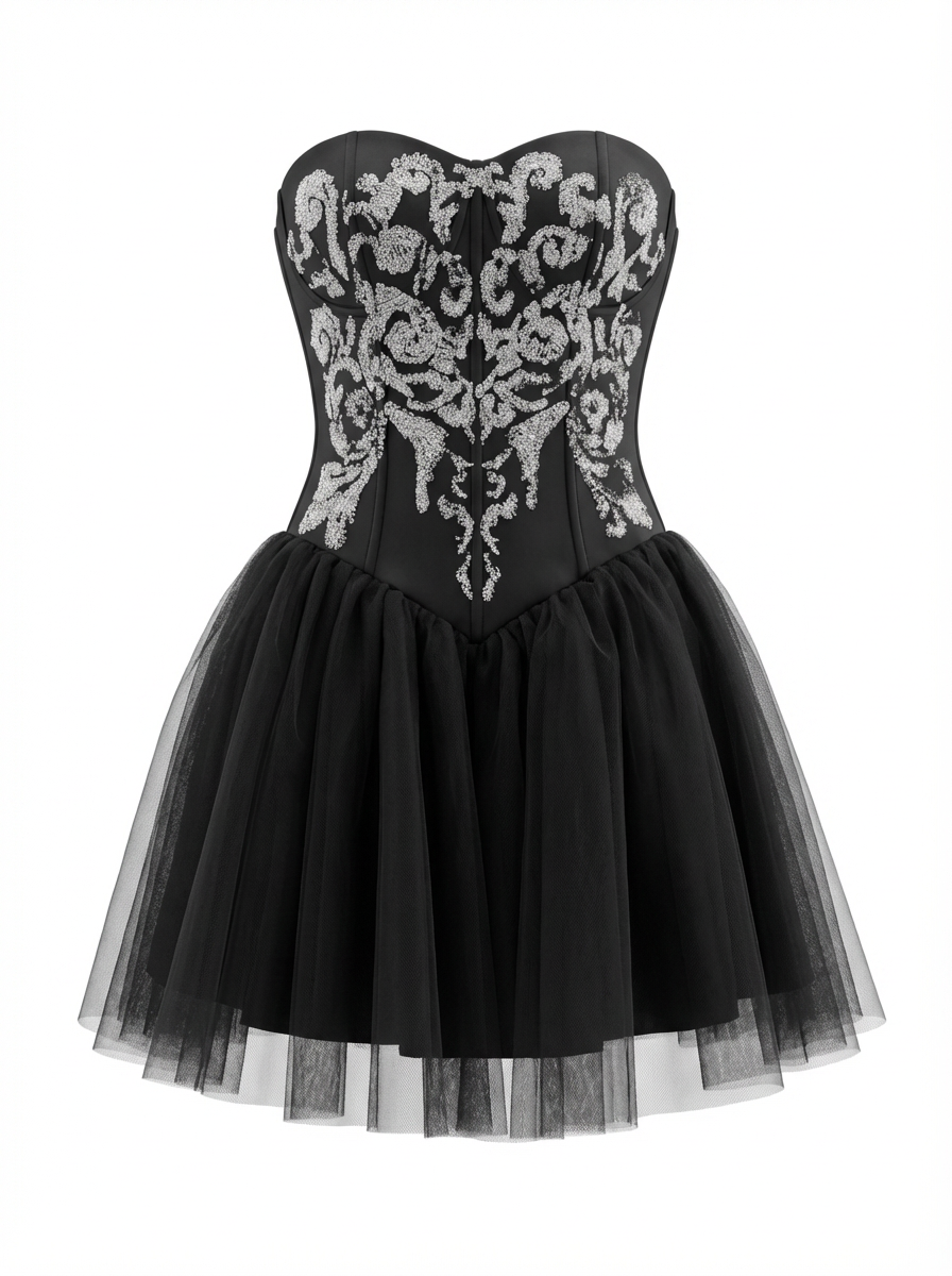 Stone Print Strapless Mini Tulle Dress – Party & Club Collection-59622