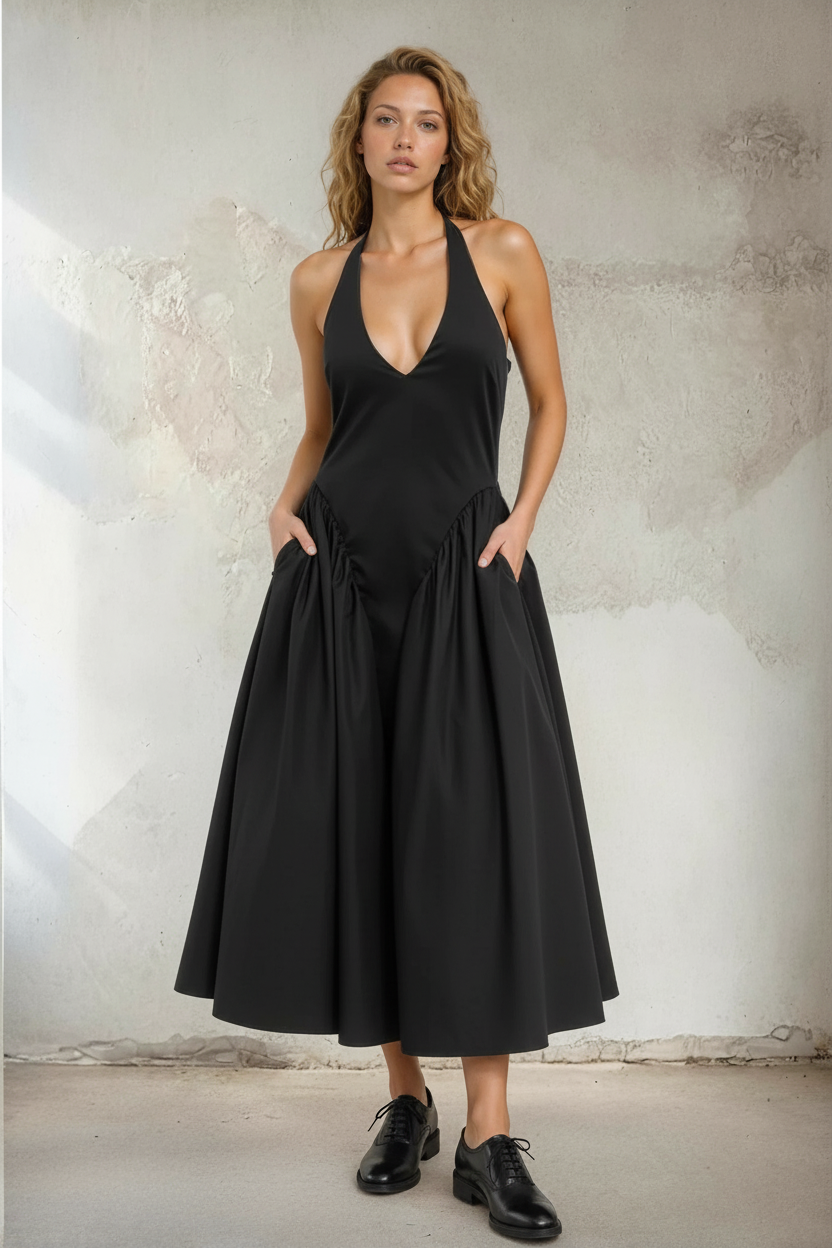 Halter Neck V-Neck Midi Dress – 59251
