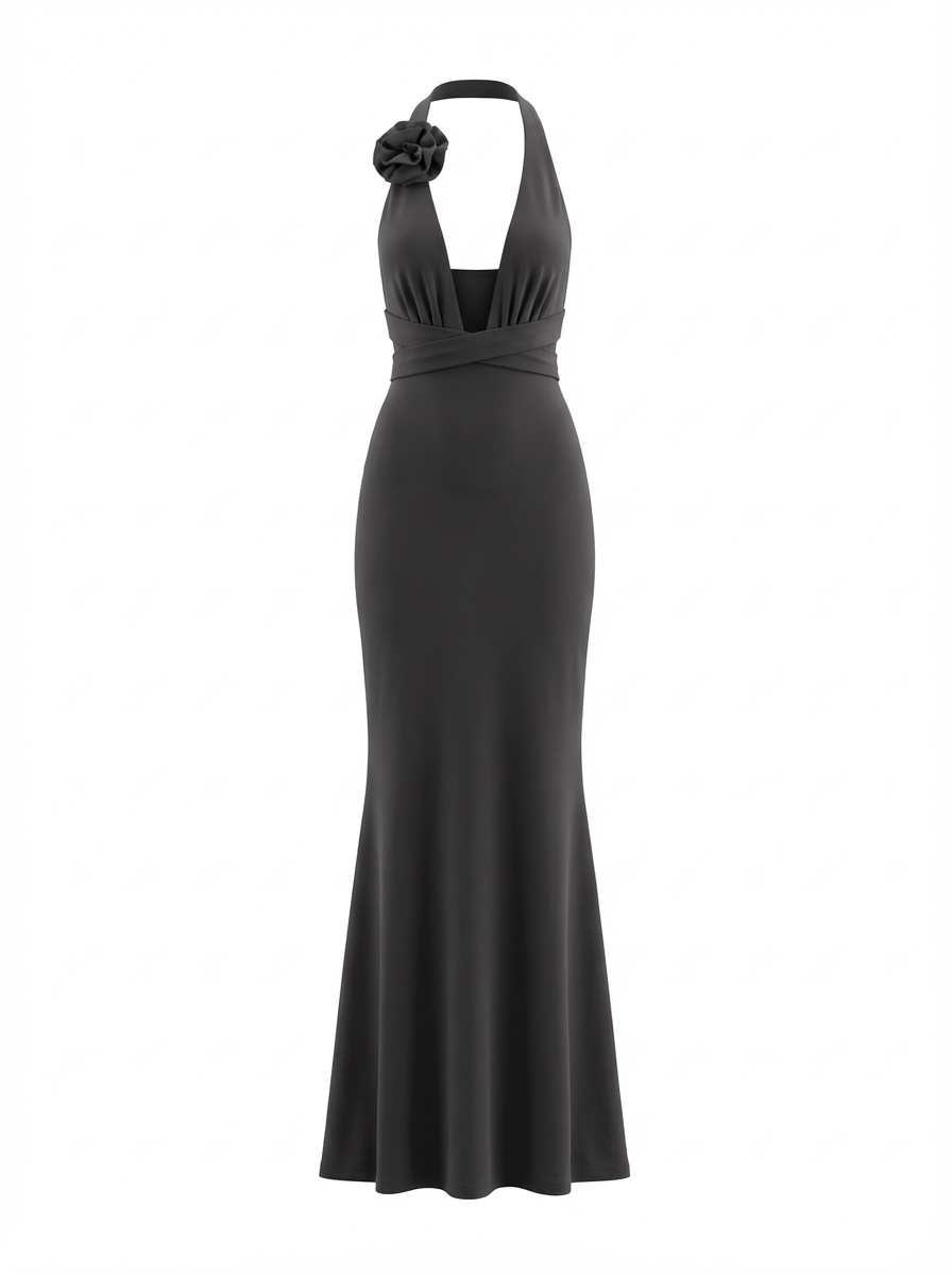 Rose Detail Halter Satin Dress – 59178