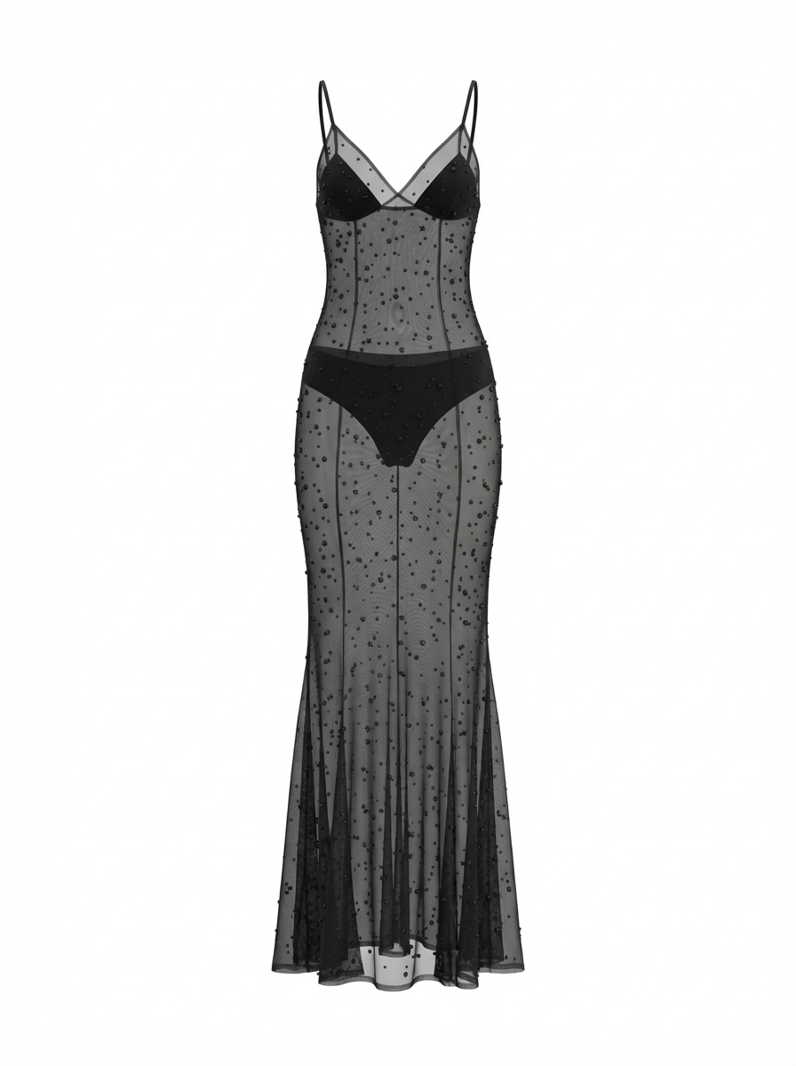 Sheer Stone-Embellished Dress with Inner Bodysuit – 58647