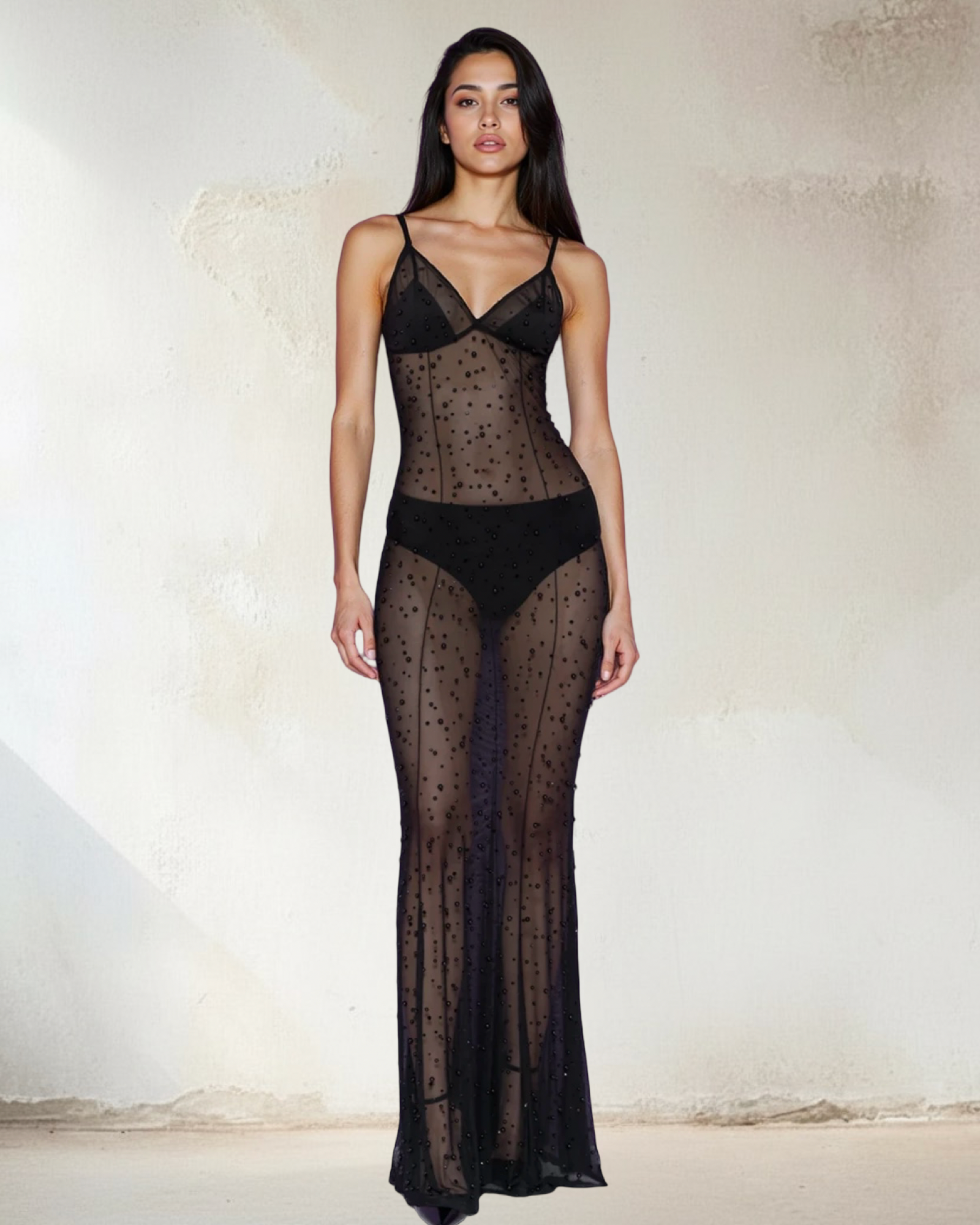 Sheer Stone-Embellished Dress with Inner Bodysuit – 58647
