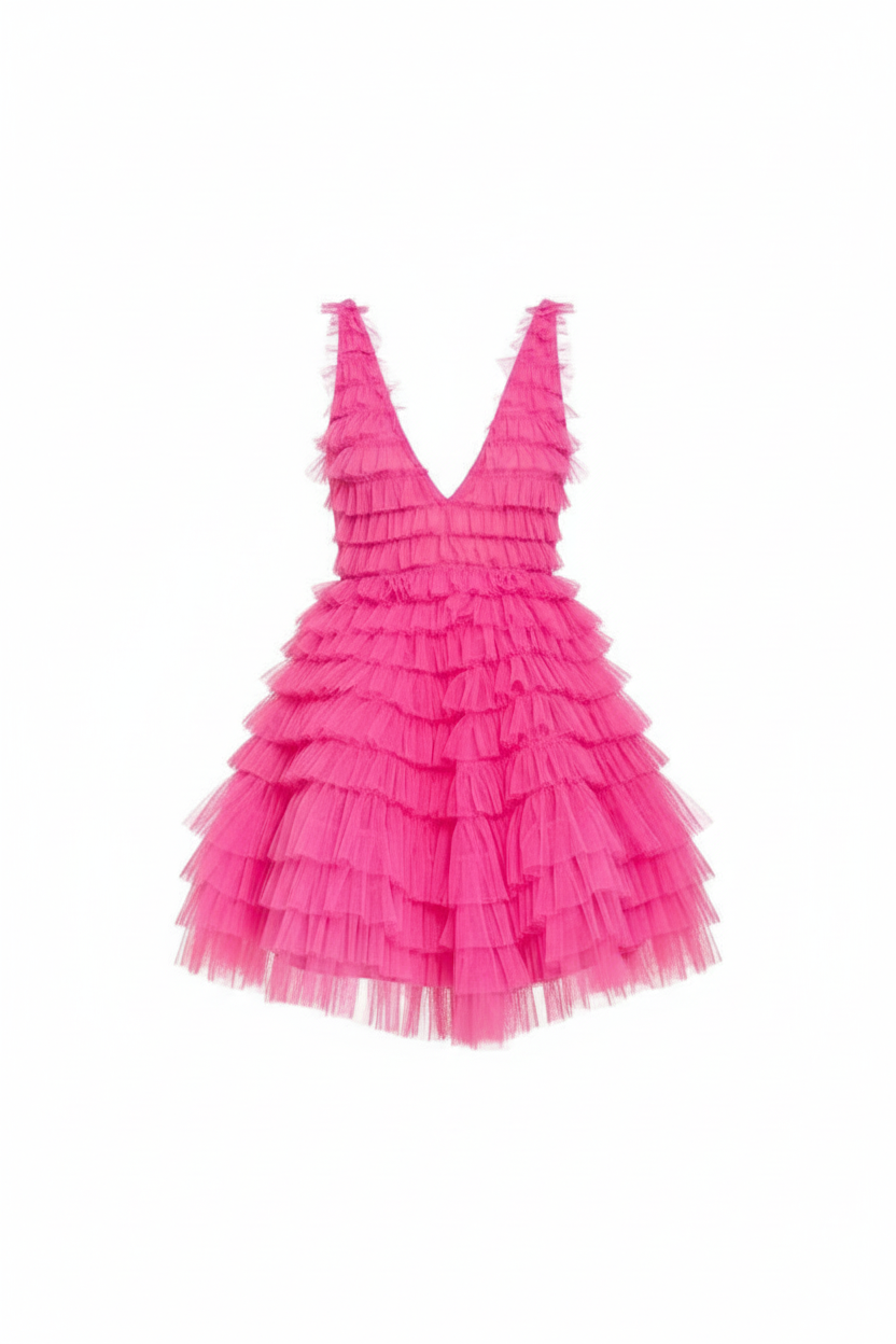 Ruffled Mini Tulle Dress with Deep Neckline – Party & Graduation -56517