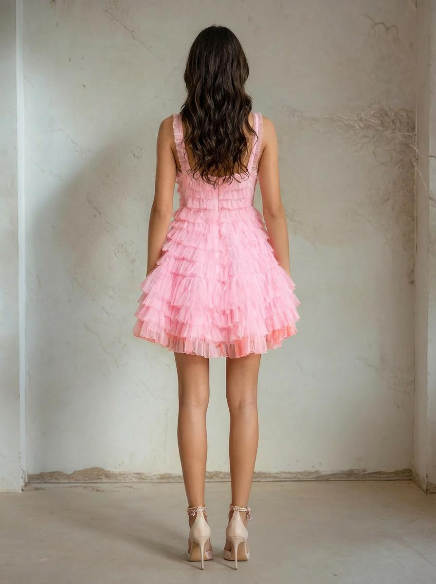 Ruffled Mini Tulle Dress with Deep Neckline – Party & Graduation -56517